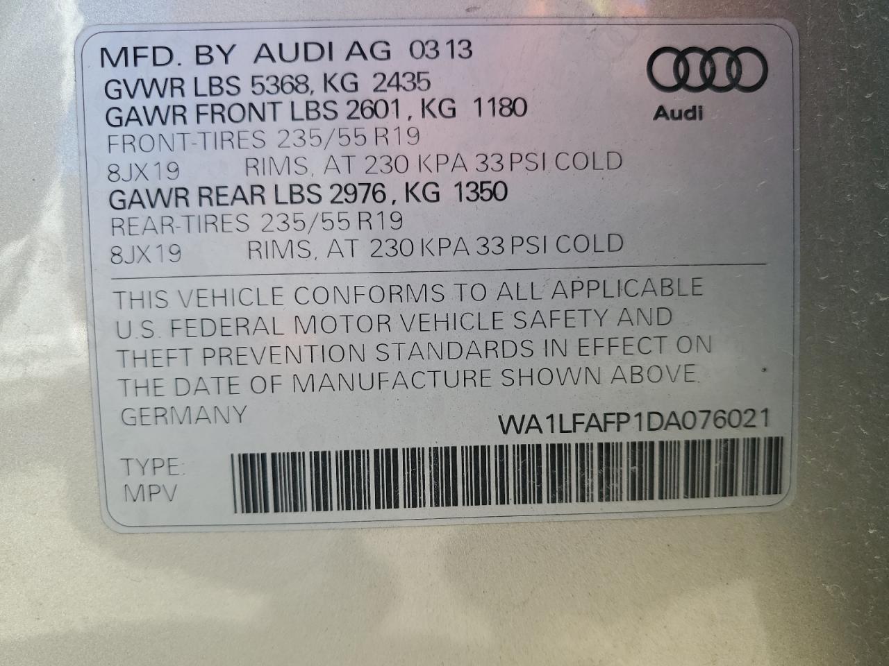 2013 Audi Q5 Premium Plus VIN: WA1LFAFP1DA076021 Lot: 76599454