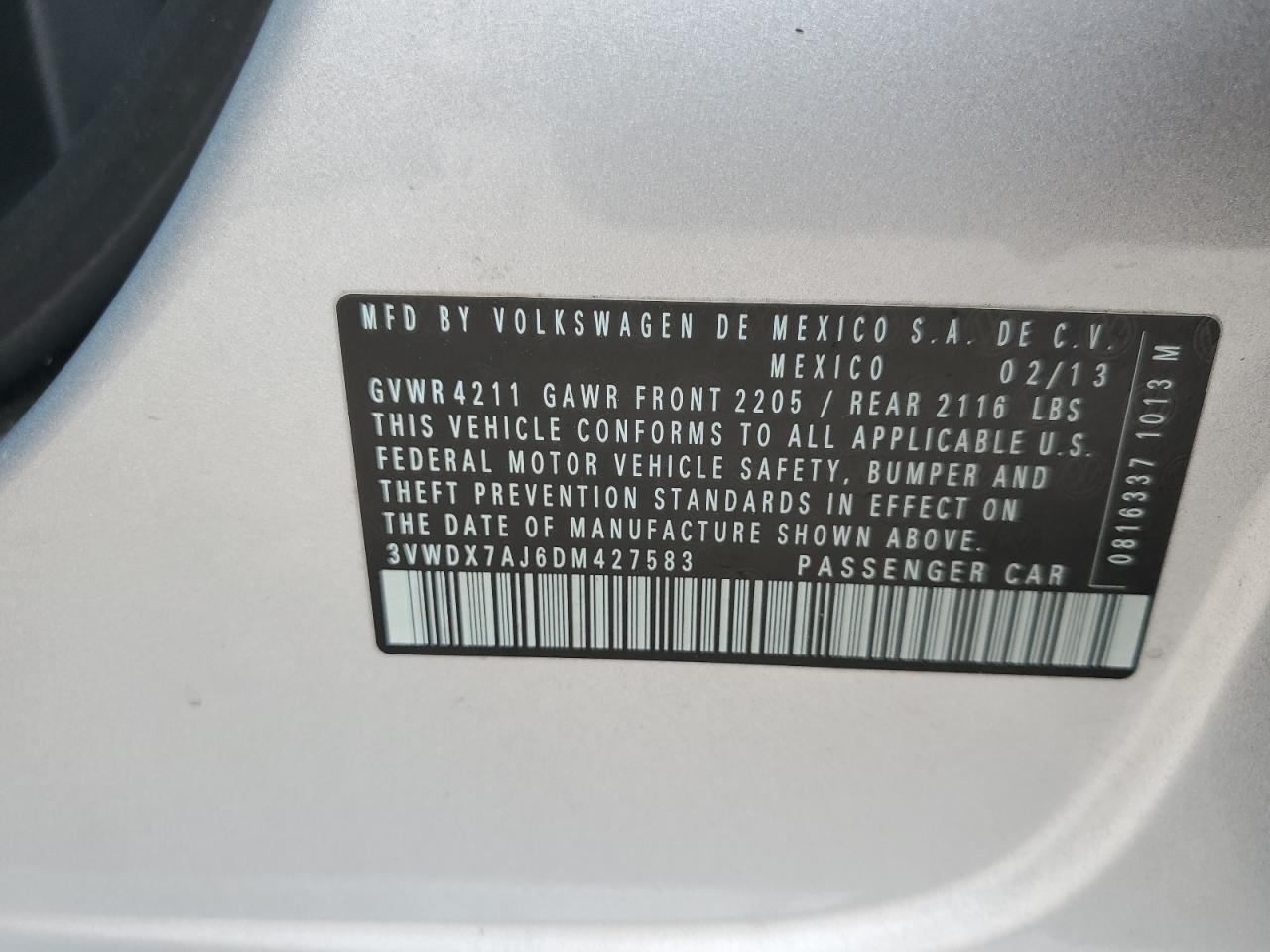 2013 Volkswagen Jetta Se VIN: 3VWDX7AJ6DM427583 Lot: 77879974