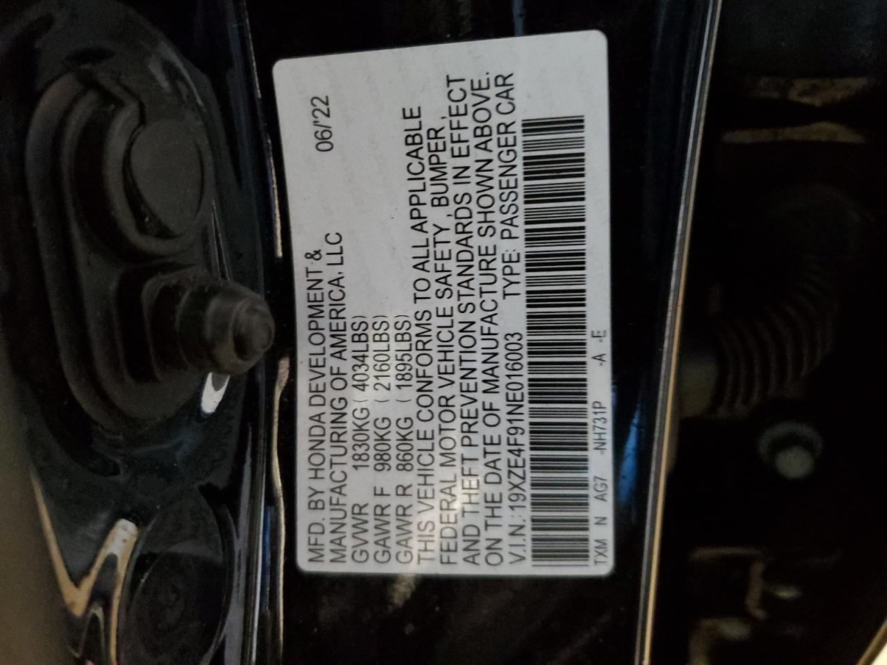 2022 Honda Insight Touring VIN: 19XZE4F91NE016003 Lot: 74215624