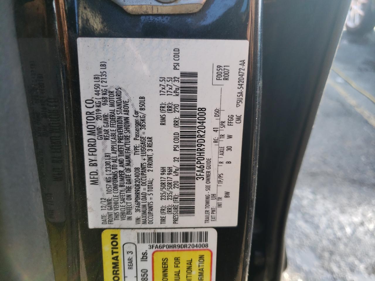 2013 Ford Fusion Se VIN: 3FA6P0HR9DR204008 Lot: 78312464