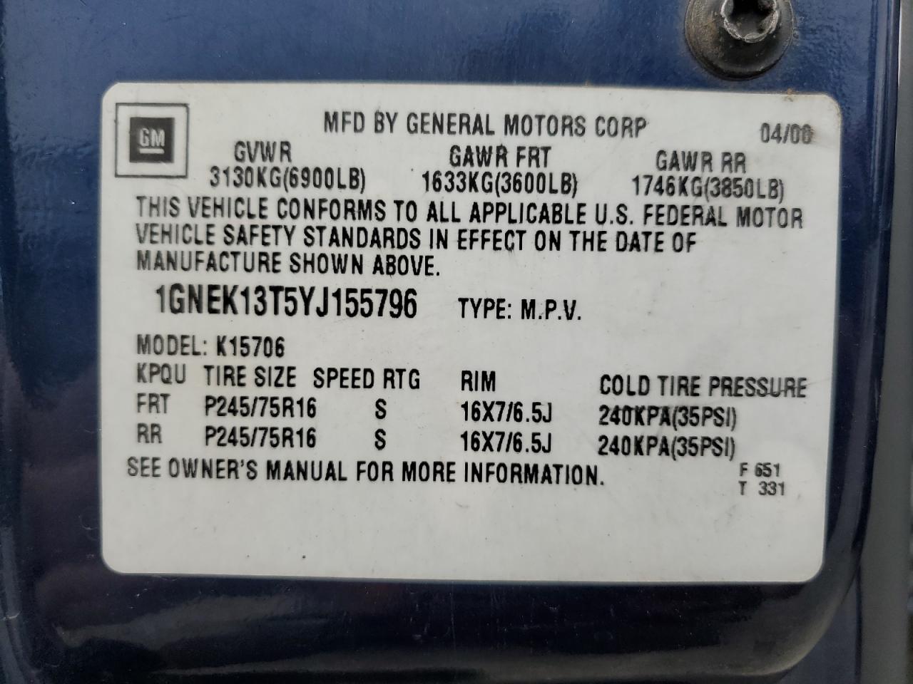 1GNEK13T5YJ155796 2000 Chevrolet Tahoe K1500