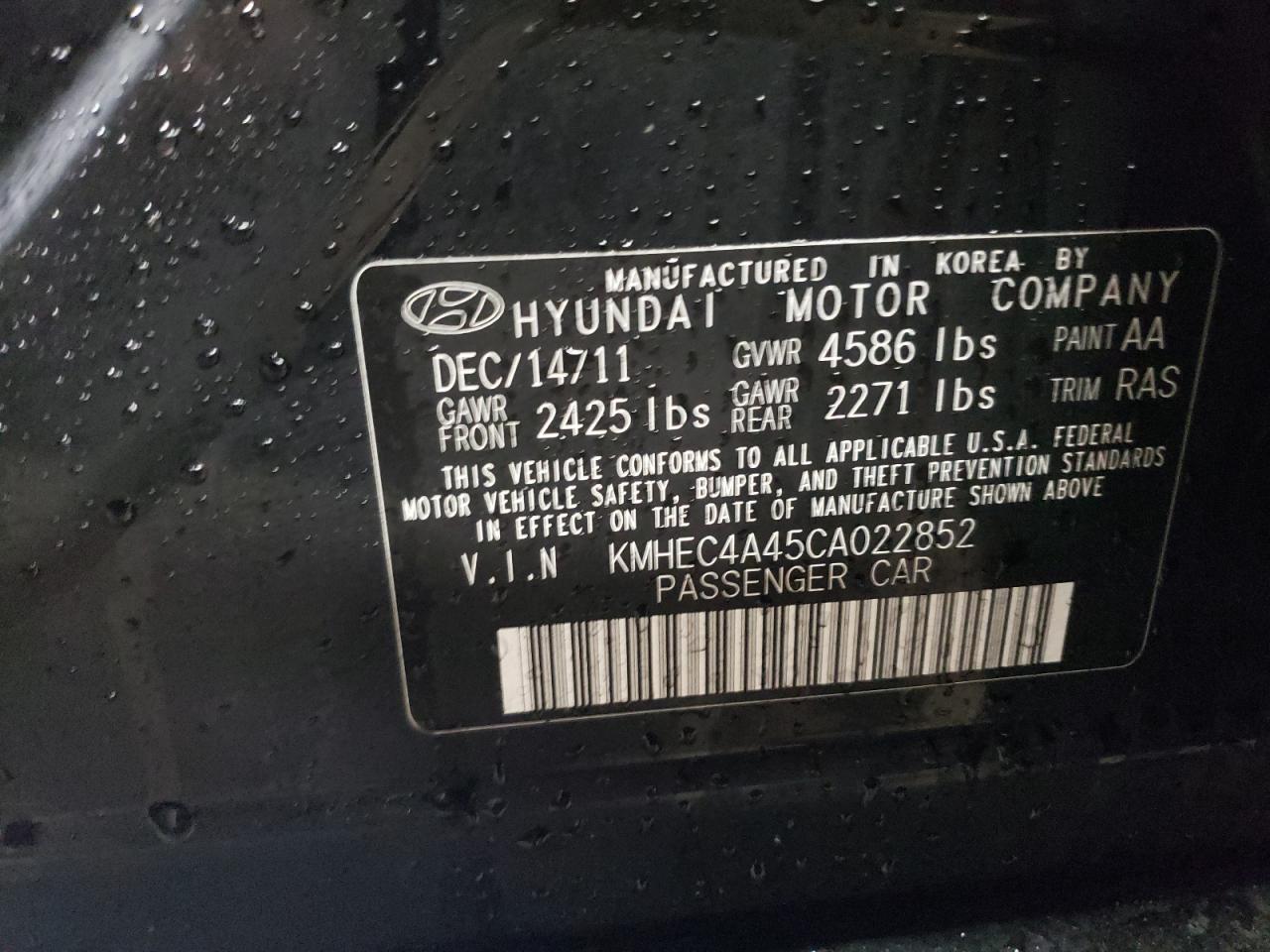 2012 Hyundai Sonata Hybrid VIN: KMHEC4A45CA022852 Lot: 76926334