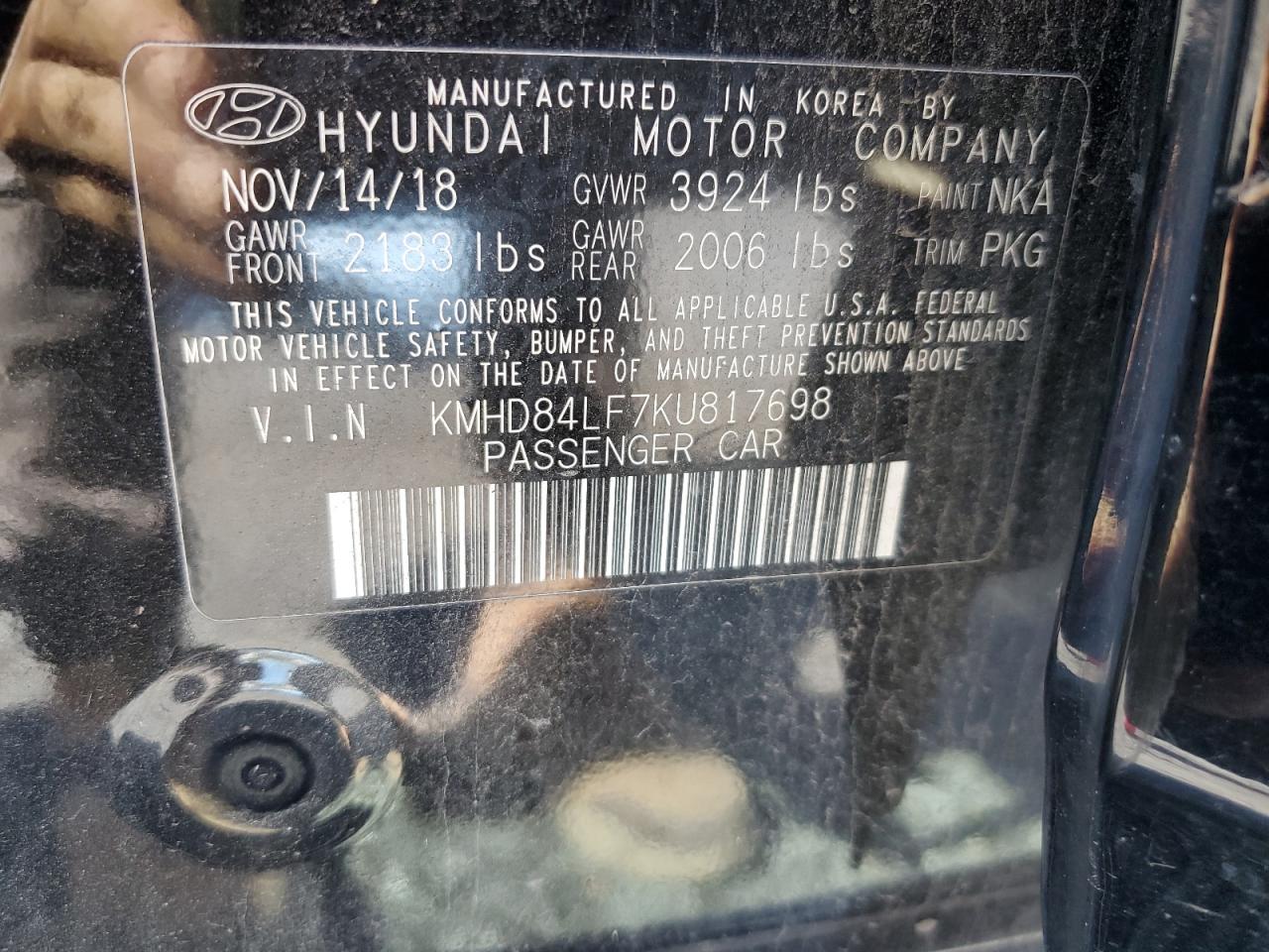 KMHD84LF7KU817698 2019 Hyundai Elantra Sel