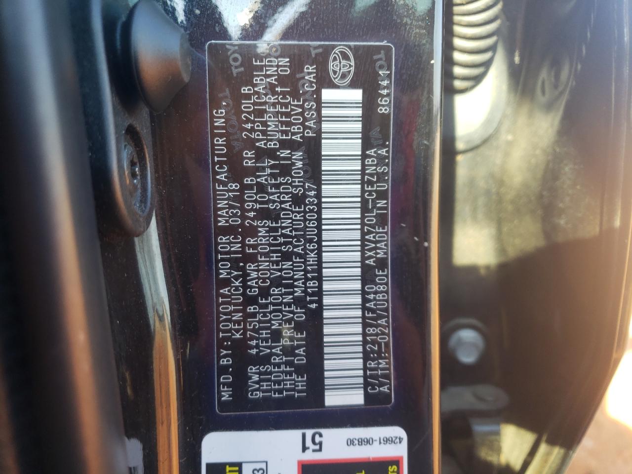 4T1B11HK6JU603347 2018 TOYOTA CAMRY - Image 14