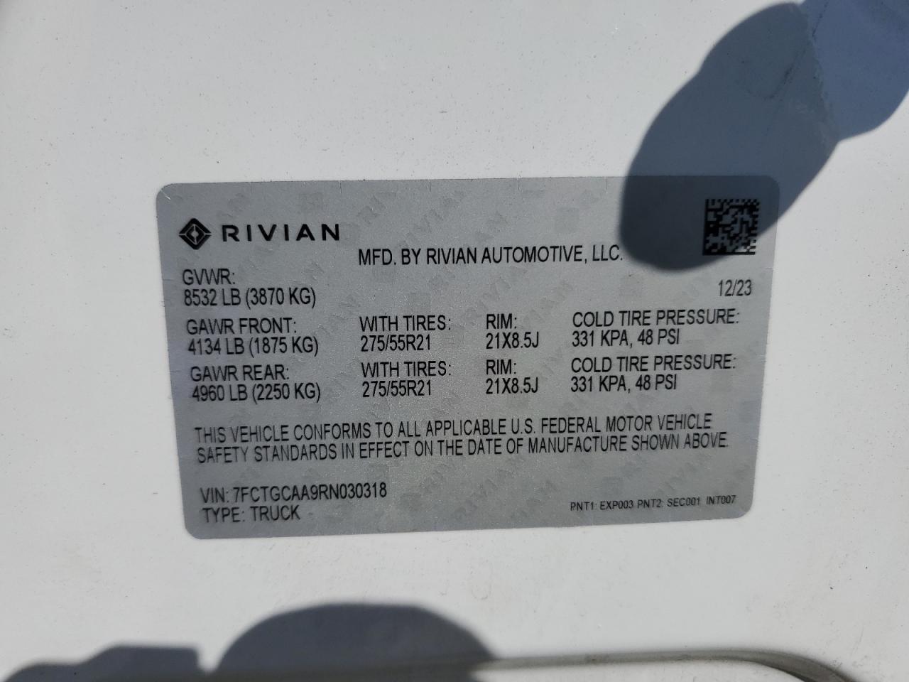 2024 Rivian R1T Adventure VIN: 7FCTGCAA9RN030318 Lot: 77036474