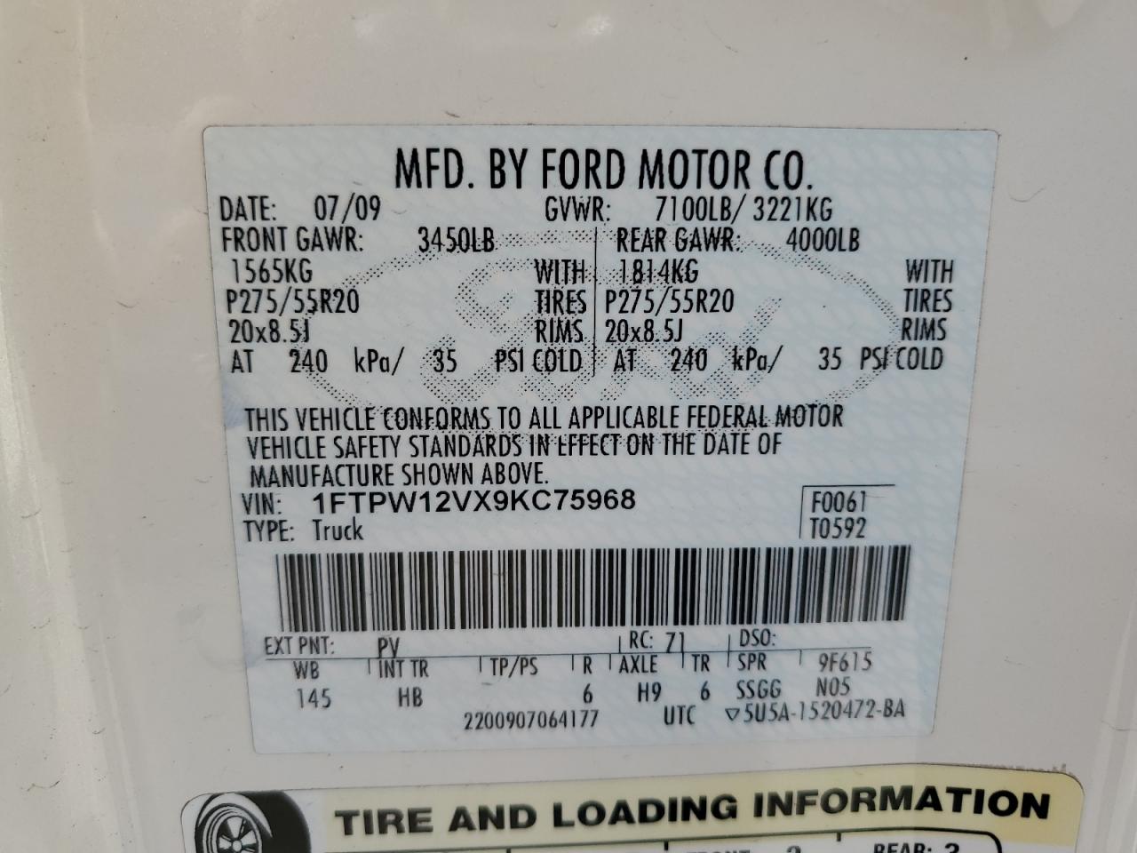 2009 Ford F150 Supercrew VIN: 1FTPW12VX9KC75968 Lot: 74982564