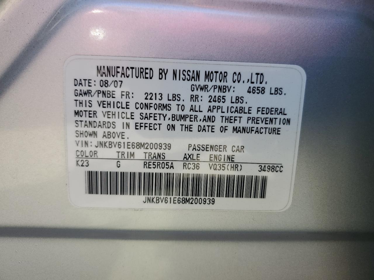 2008 Infiniti G35 VIN: JNKBV61E68M200939 Lot: 75393854