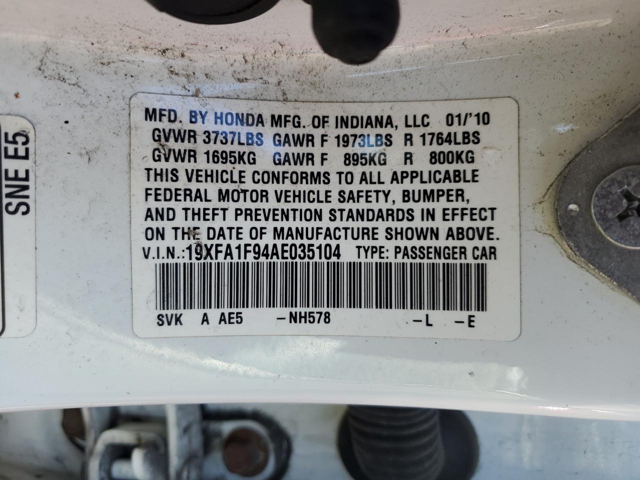 2010 Honda Civic Exl VIN: 19XFA1F94AE035104 Lot: 74930834