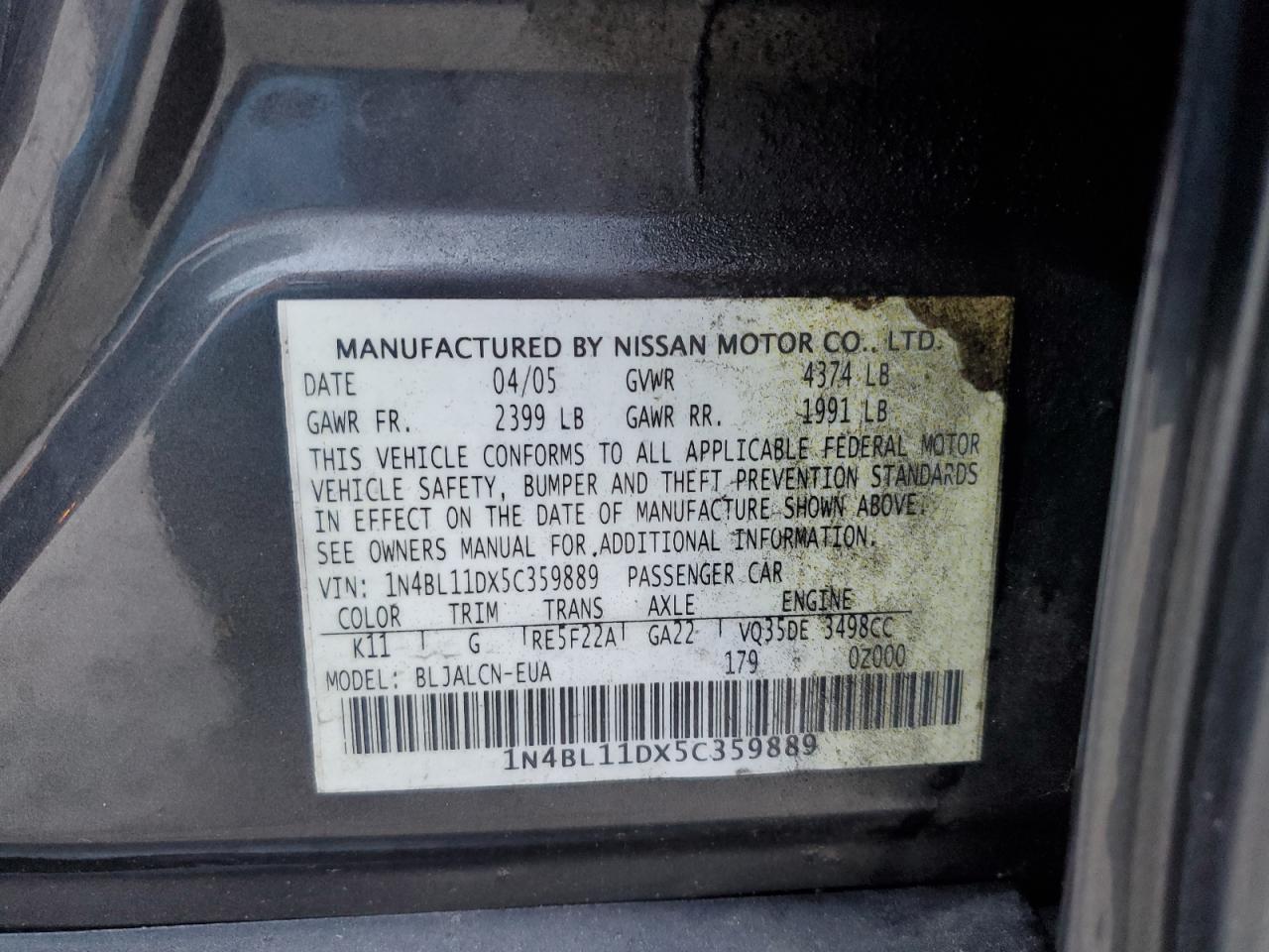 2005 Nissan Altima Se VIN: 1N4BL11DX5C359889 Lot: 78691084