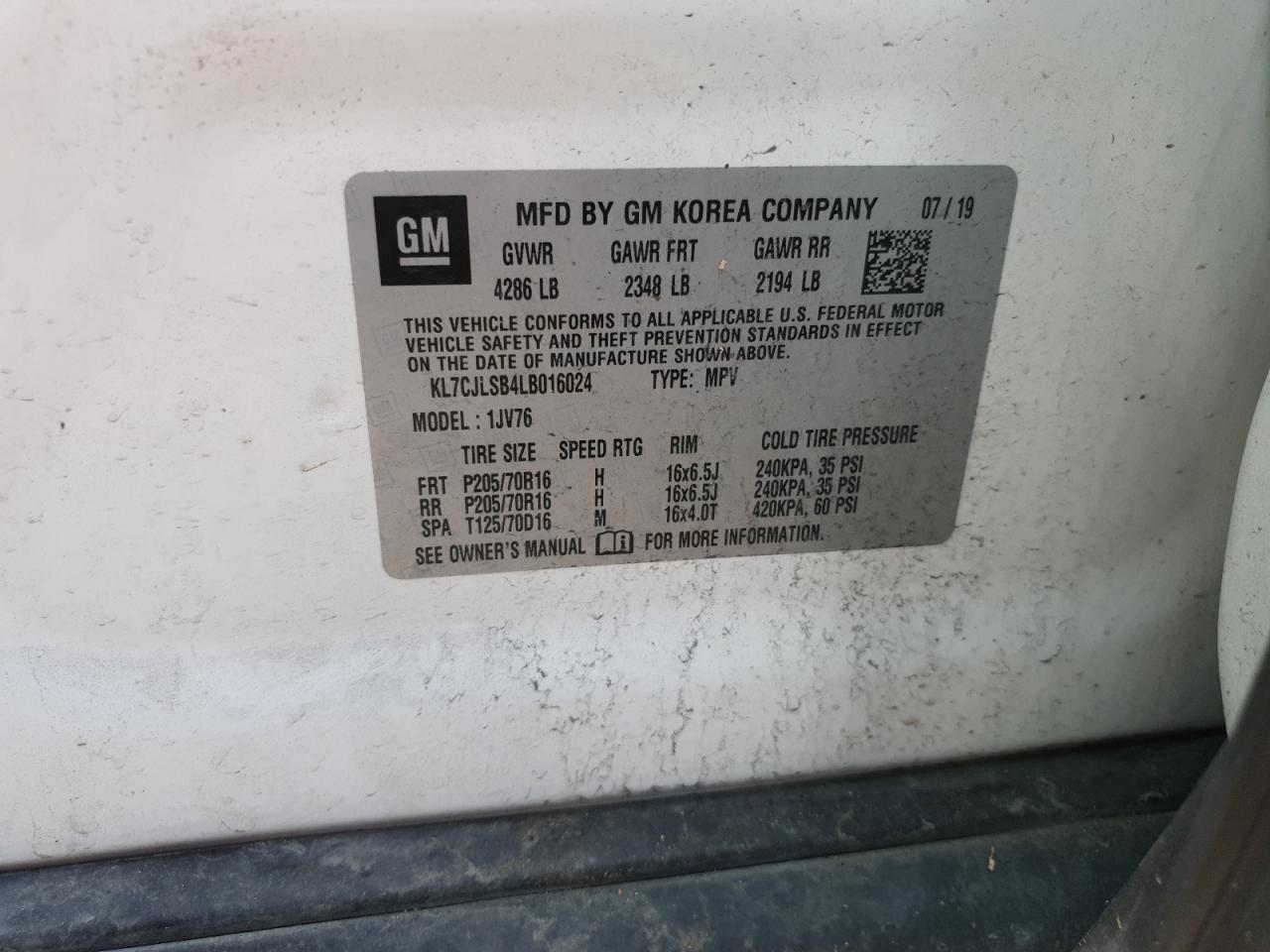 2020 Chevrolet Trax 1Lt VIN: KL7CJLSB4LB016024 Lot: 76198464