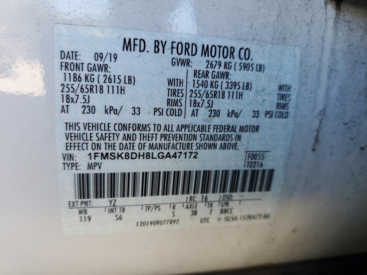 1FMSK8DH8LGA47172 2020 Ford Explorer Xlt