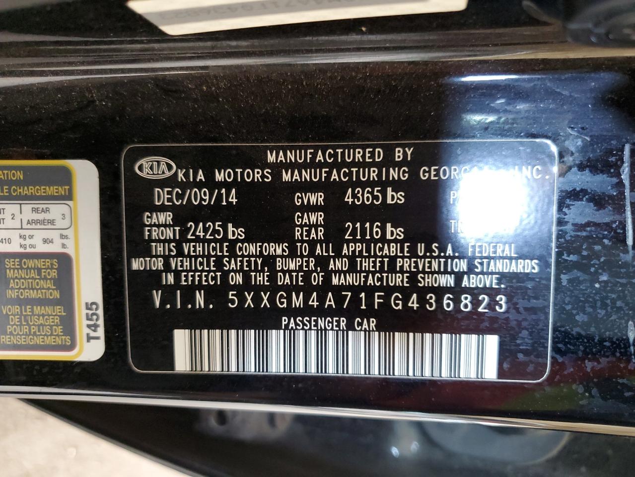 5XXGM4A71FG436823 2015 Kia Optima Lx