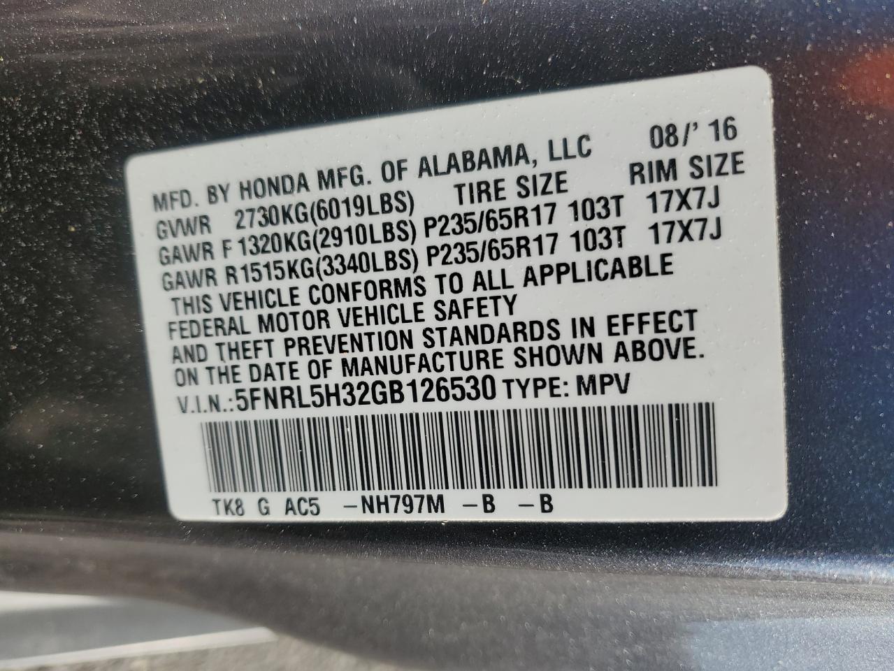 5FNRL5H32GB126530 2016 Honda Odyssey Se