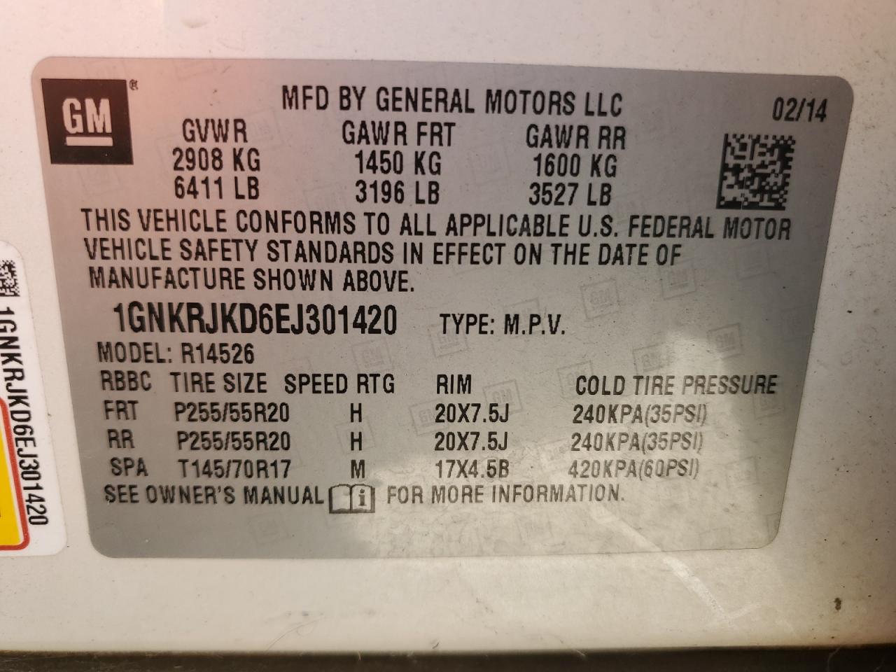 1GNKRJKD6EJ301420 2014 Chevrolet Traverse Ltz