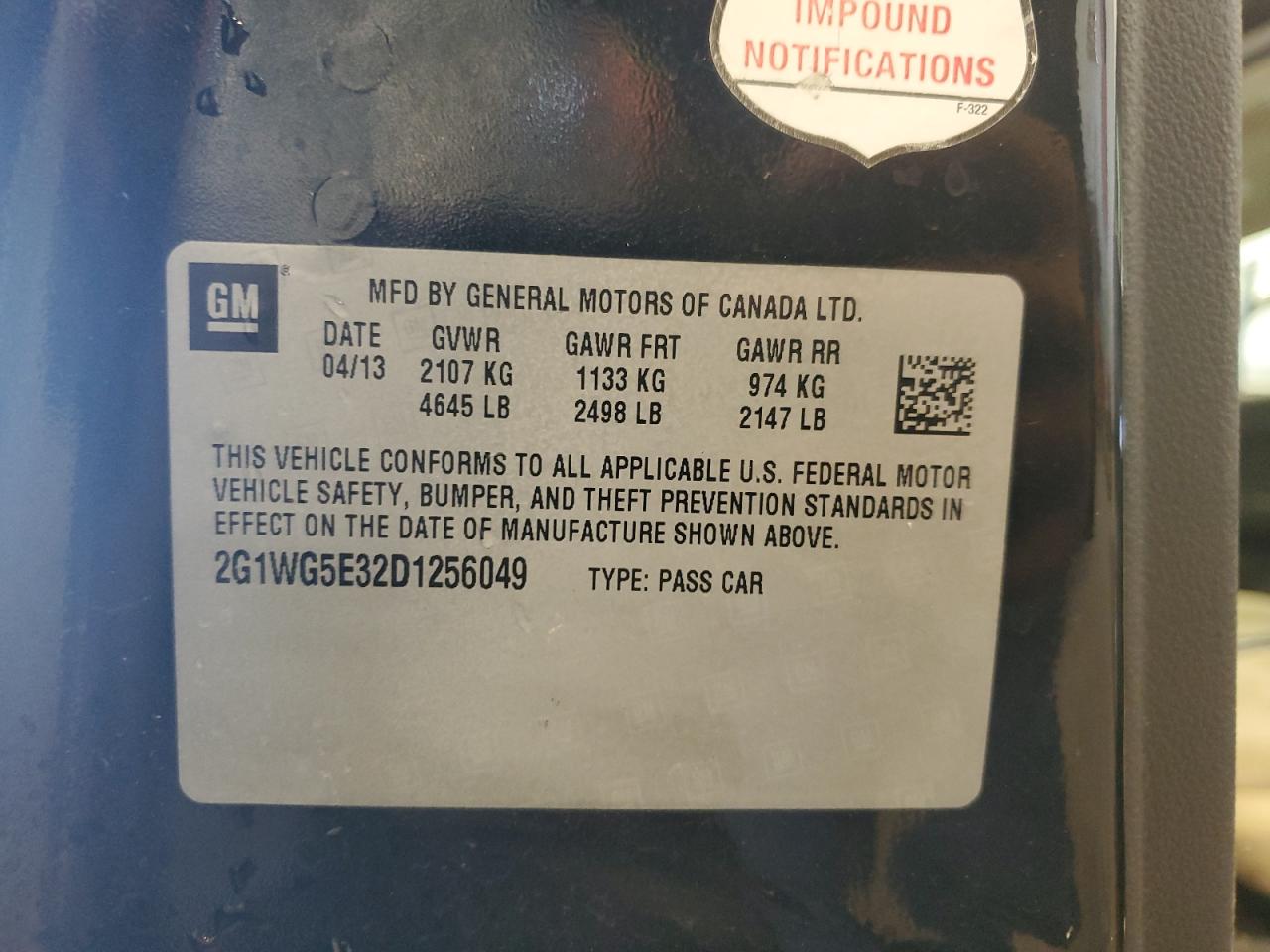 2G1WG5E32D1256049 2013 Chevrolet Impala Lt