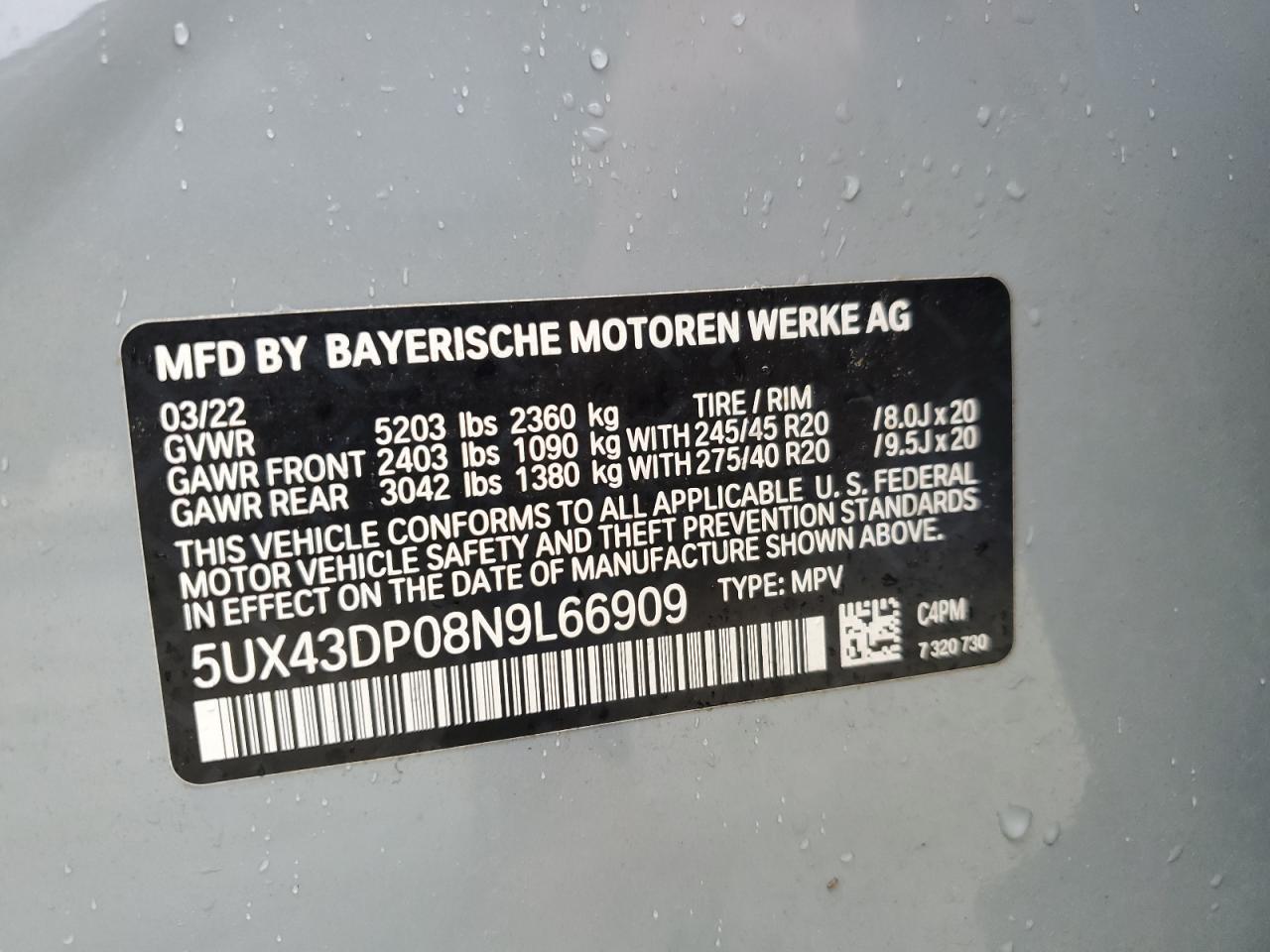 5UX43DP08N9L66909 2022 BMW X3 Sdrive30I