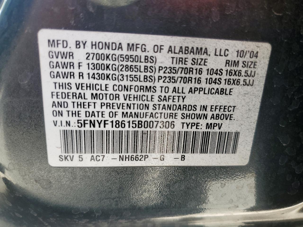 2005 Honda Pilot Exl VIN: 5FNYF18615B007306 Lot: 78281874