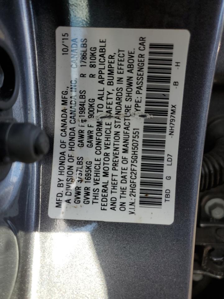 2HGFC2F75GH507551 2016 Honda Civic Ex