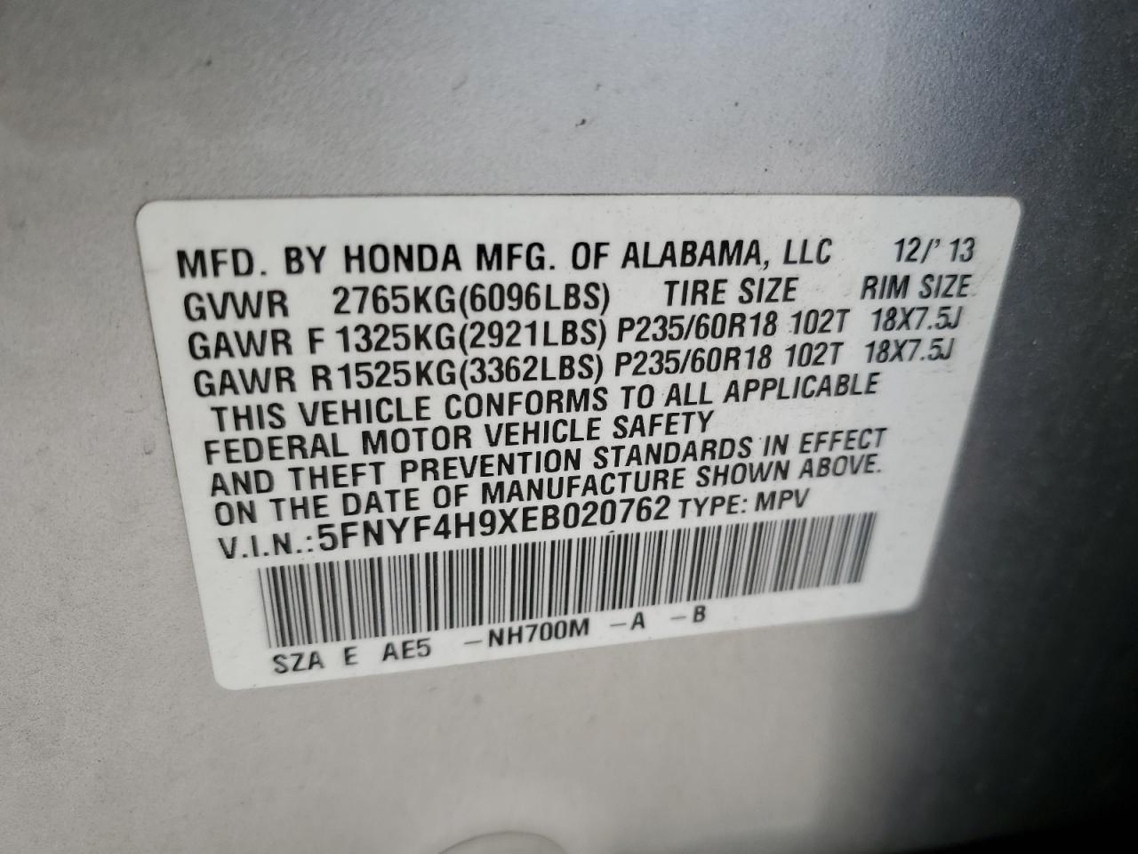 5FNYF4H9XEB020762 2014 Honda Pilot Touring