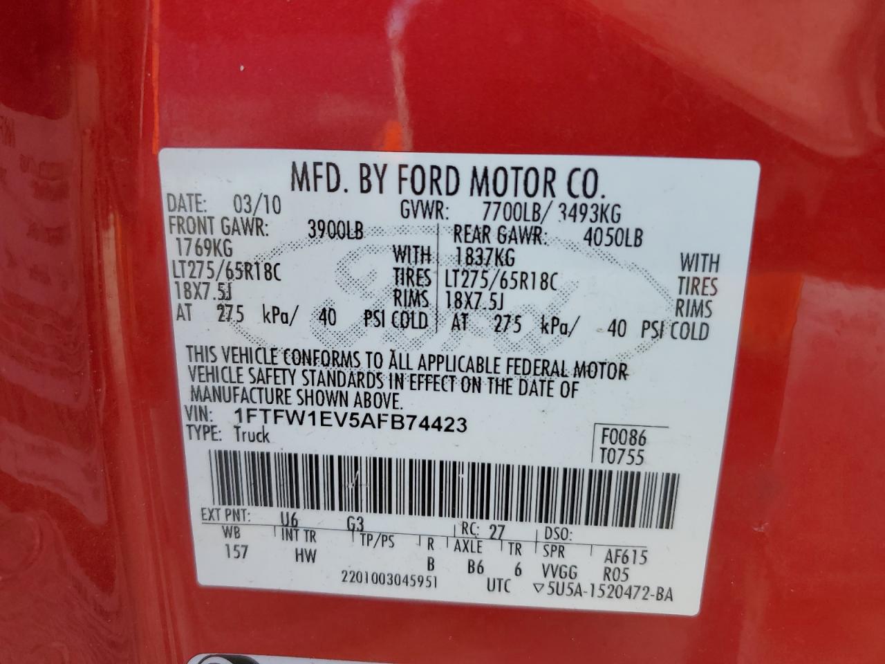 2010 Ford F150 Supercrew VIN: 1FTFW1EV5AFB74423 Lot: 76366014