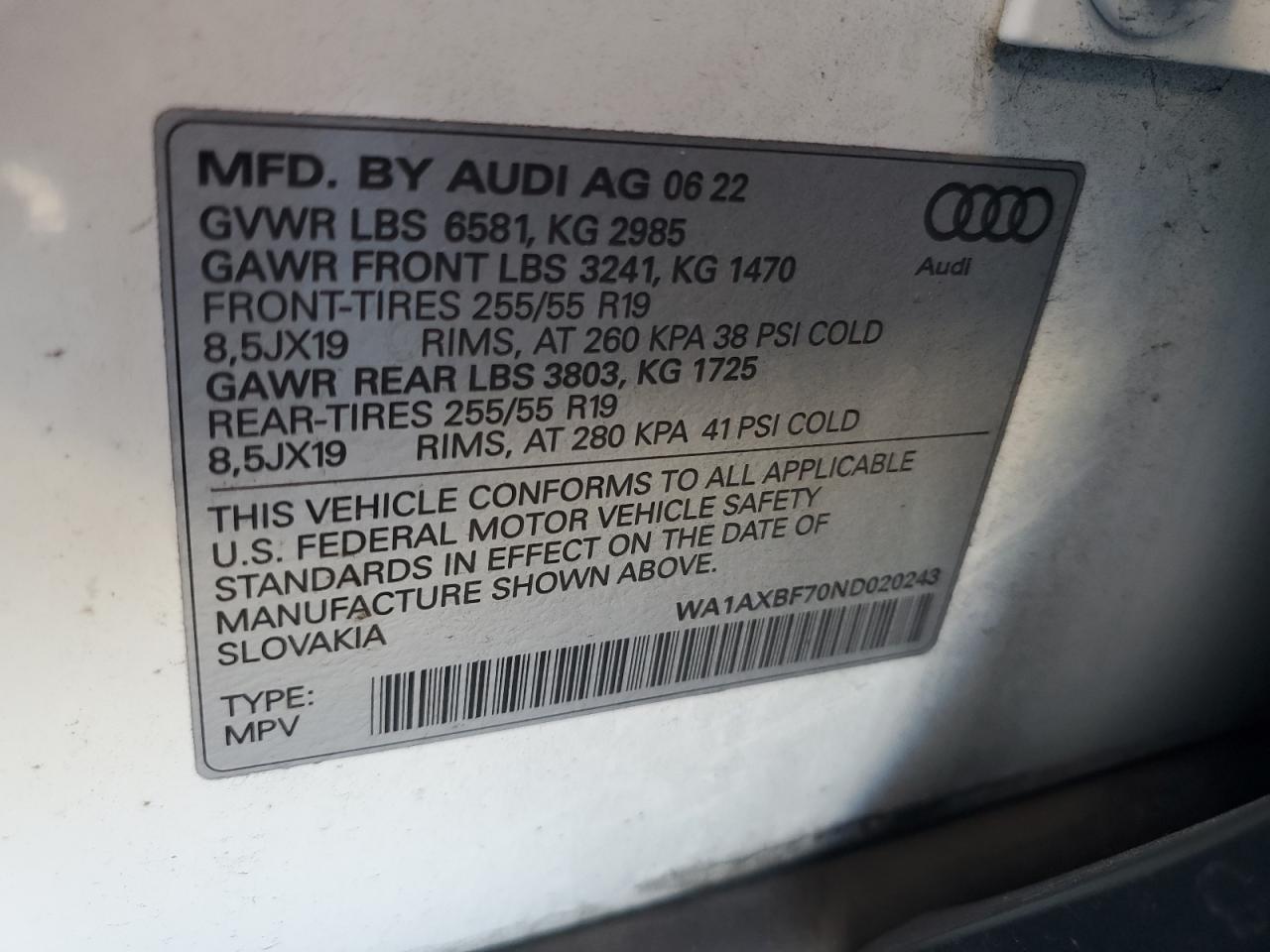 2022 Audi Q7 Premium VIN: WA1AXBF70ND020243 Lot: 76827994