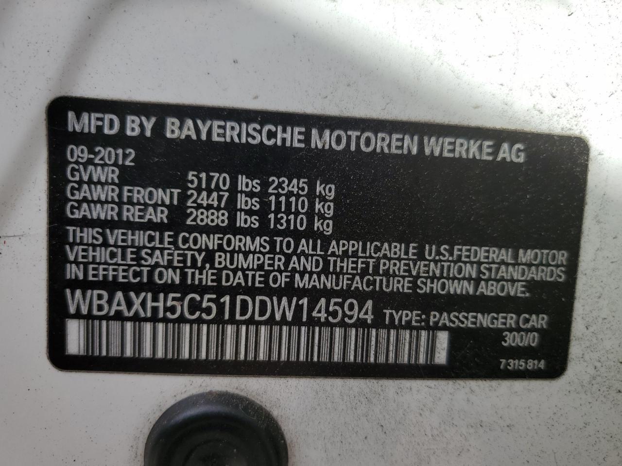 VIN WBAXH5C51DDW14594 2013 BMW 5 SERIES no.12