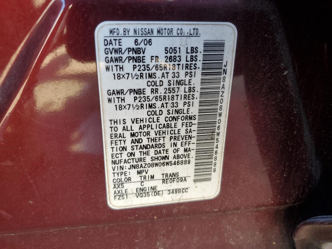 2006 Nissan Murano Sl VIN: JN8AZ08W06W546889 Lot: 78586284