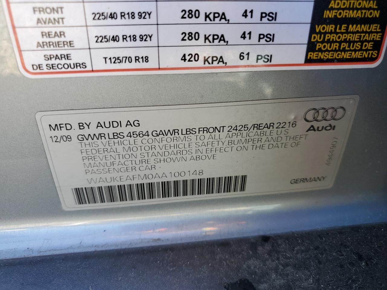 2010 Audi A3 Premium Plus VIN: WAUKEAFM0AA100148 Lot: 76049524