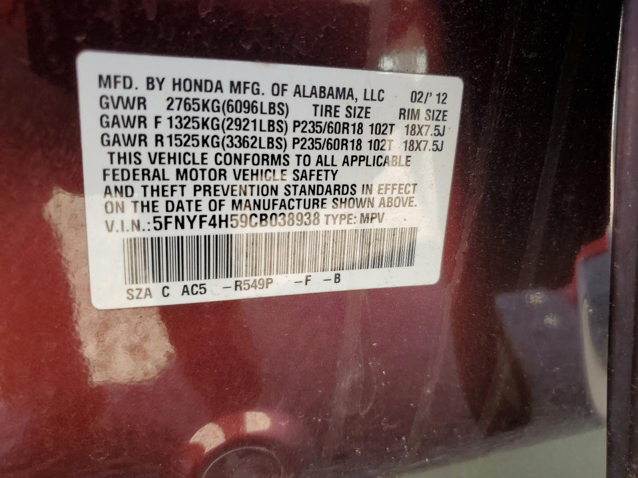 5FNYF4H59CB038938 2012 Honda Pilot Exl