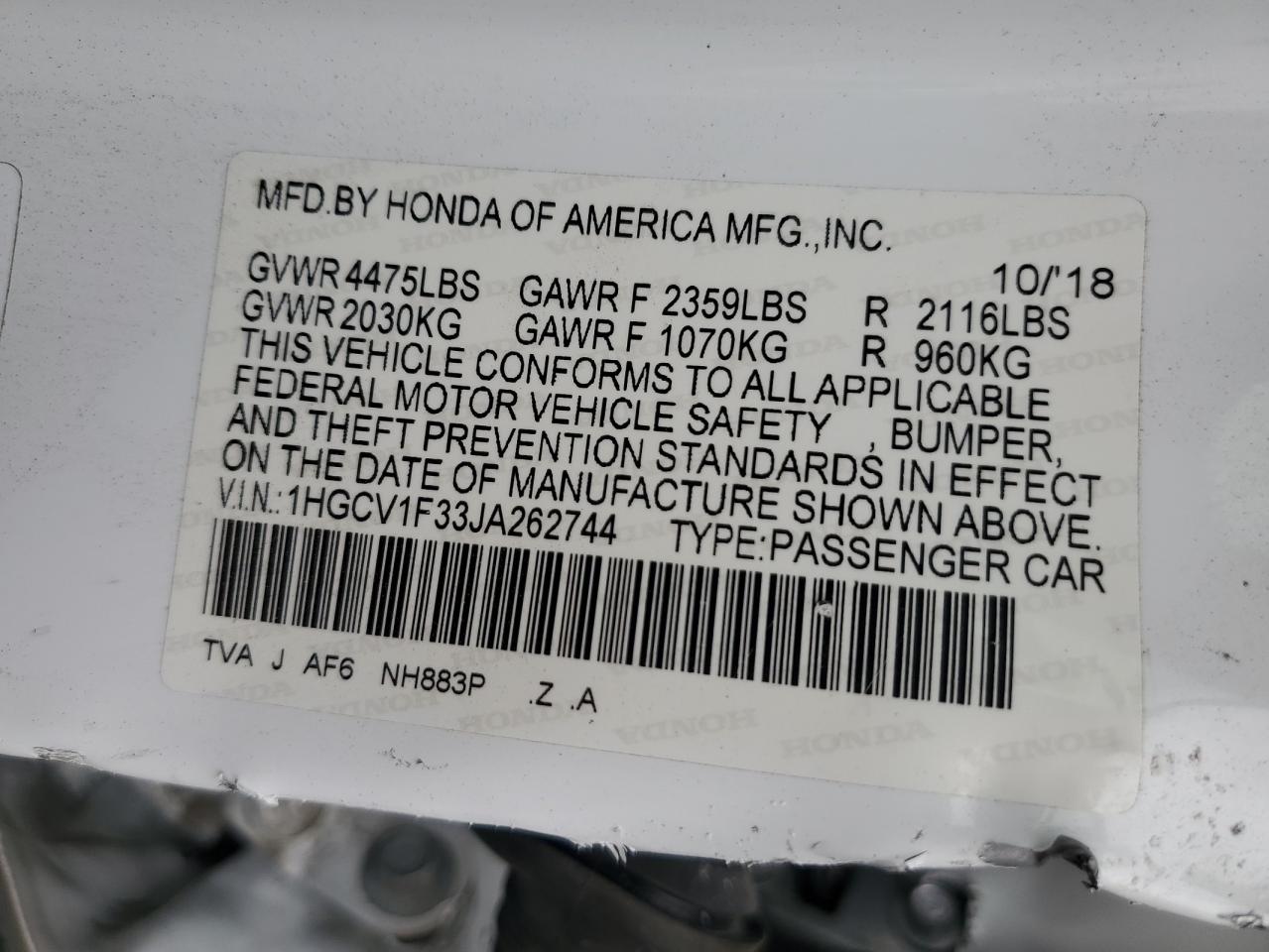 1HGCV1F33JA262744 2018 Honda Accord Sport