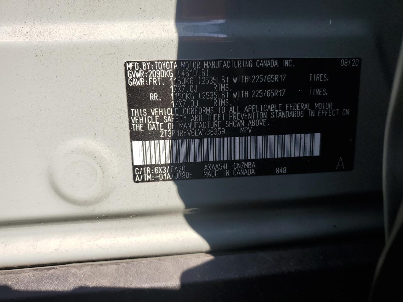 2T3P1RFV6LW136359 2020 Toyota Rav4 Xle