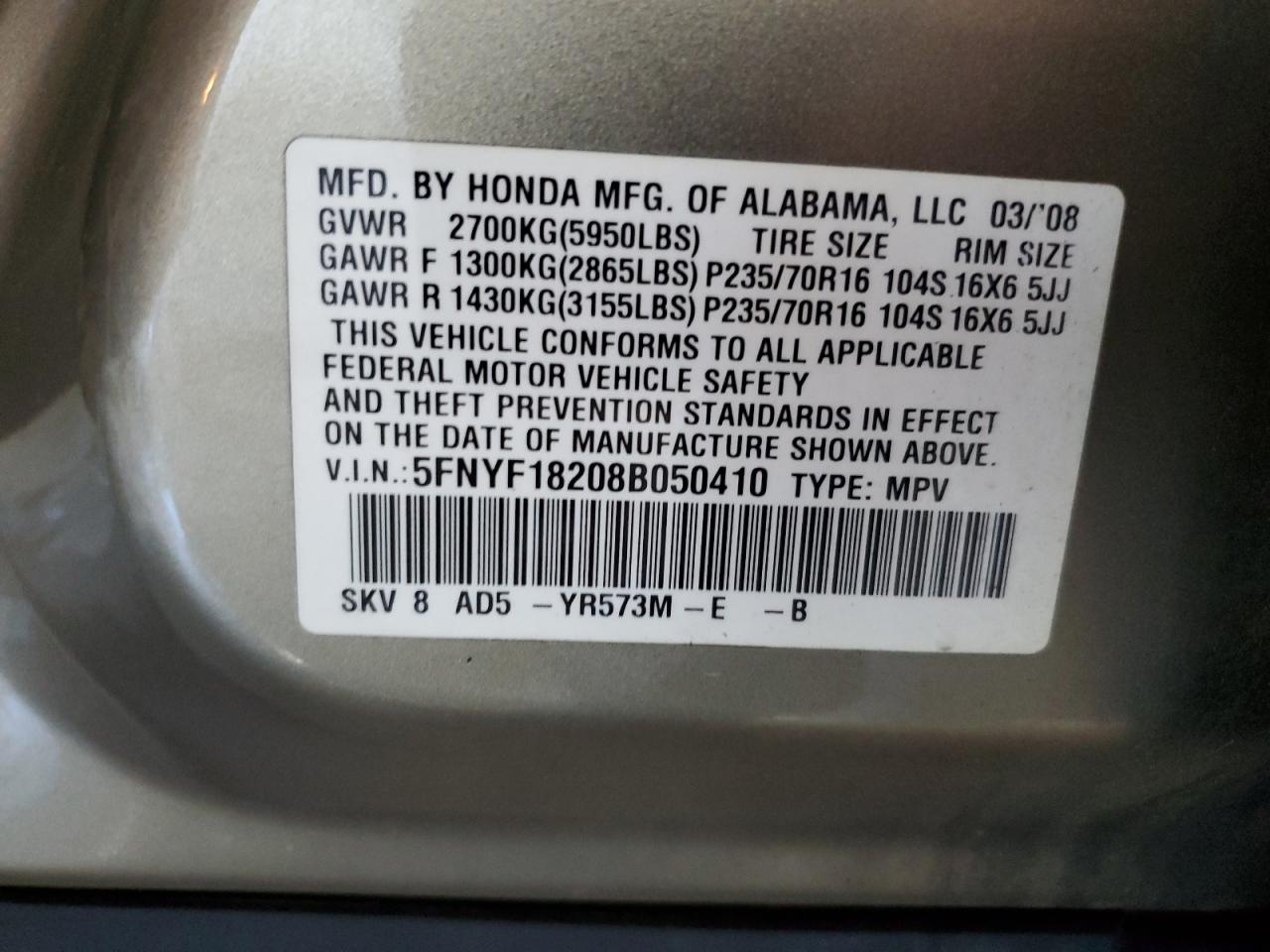 5FNYF18208B050410 2008 Honda Pilot Vp