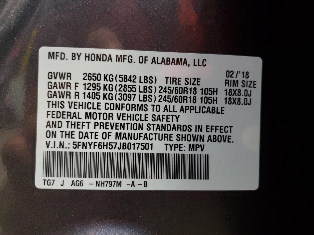 5FNYF6H57JB017501 2018 Honda Pilot Exl