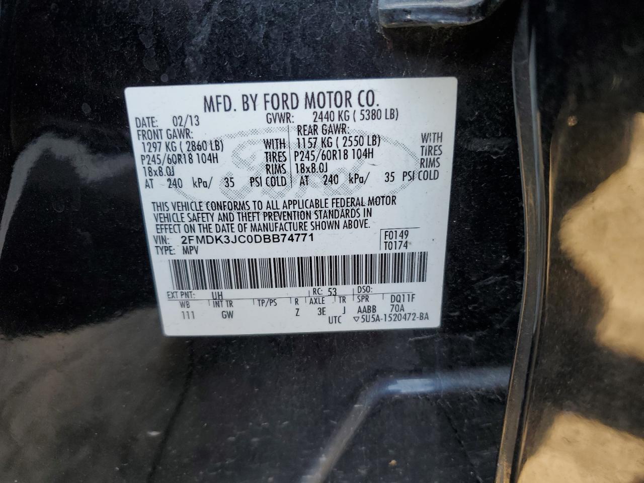 2013 Ford Edge Sel VIN: 2FMDK3JC0DBB74771 Lot: 74820544