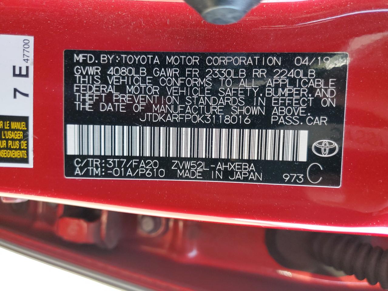 JTDKARFP0K3118016 2019 Toyota Prius Prime