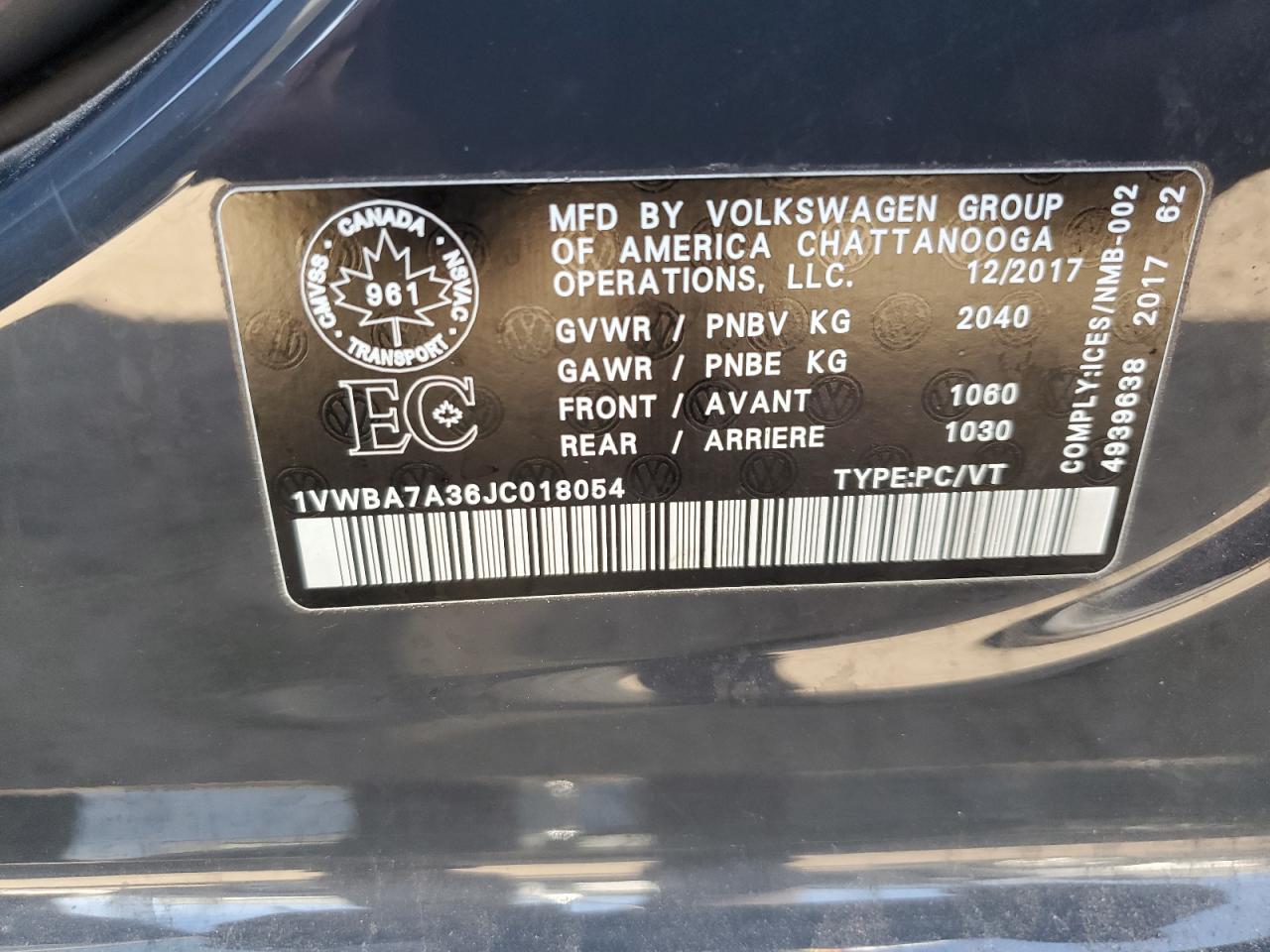 2018 Volkswagen Passat Se VIN: 1VWBA7A36JC018054 Lot: 72004574