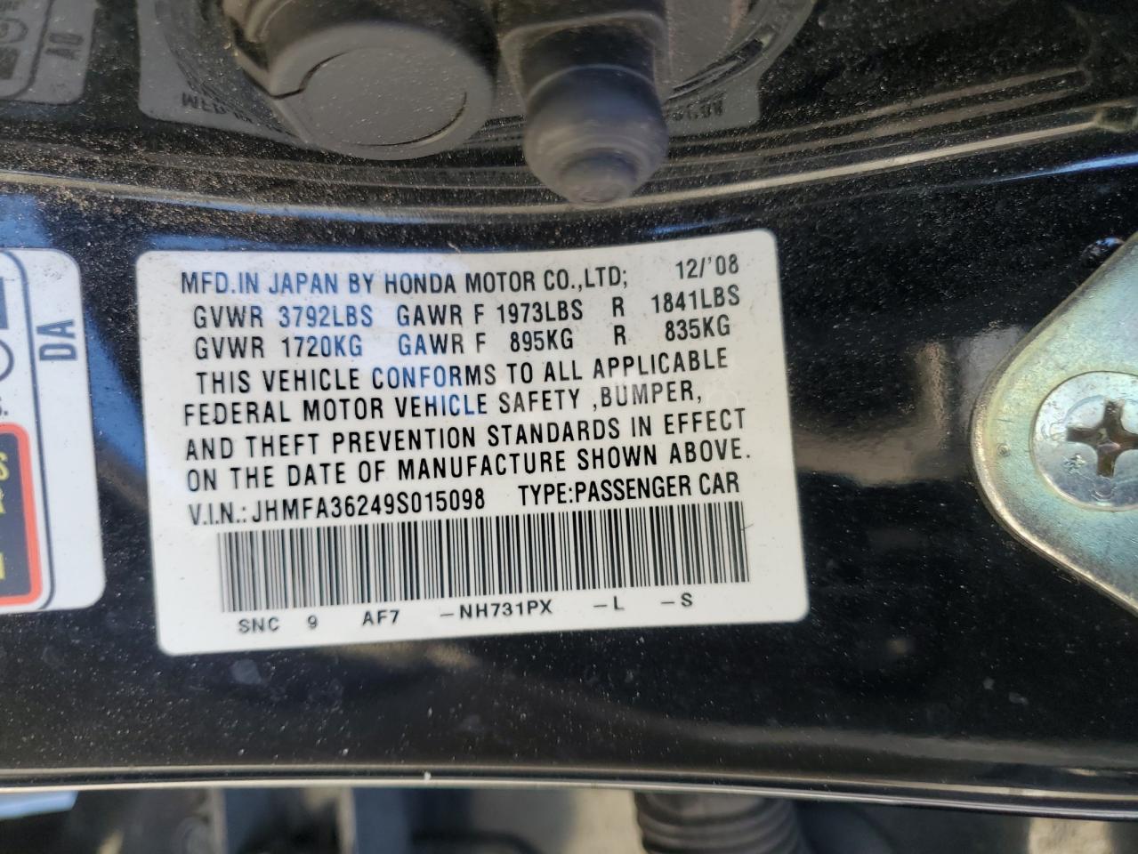 JHMFA36249S015098 2009 Honda Civic Hybrid