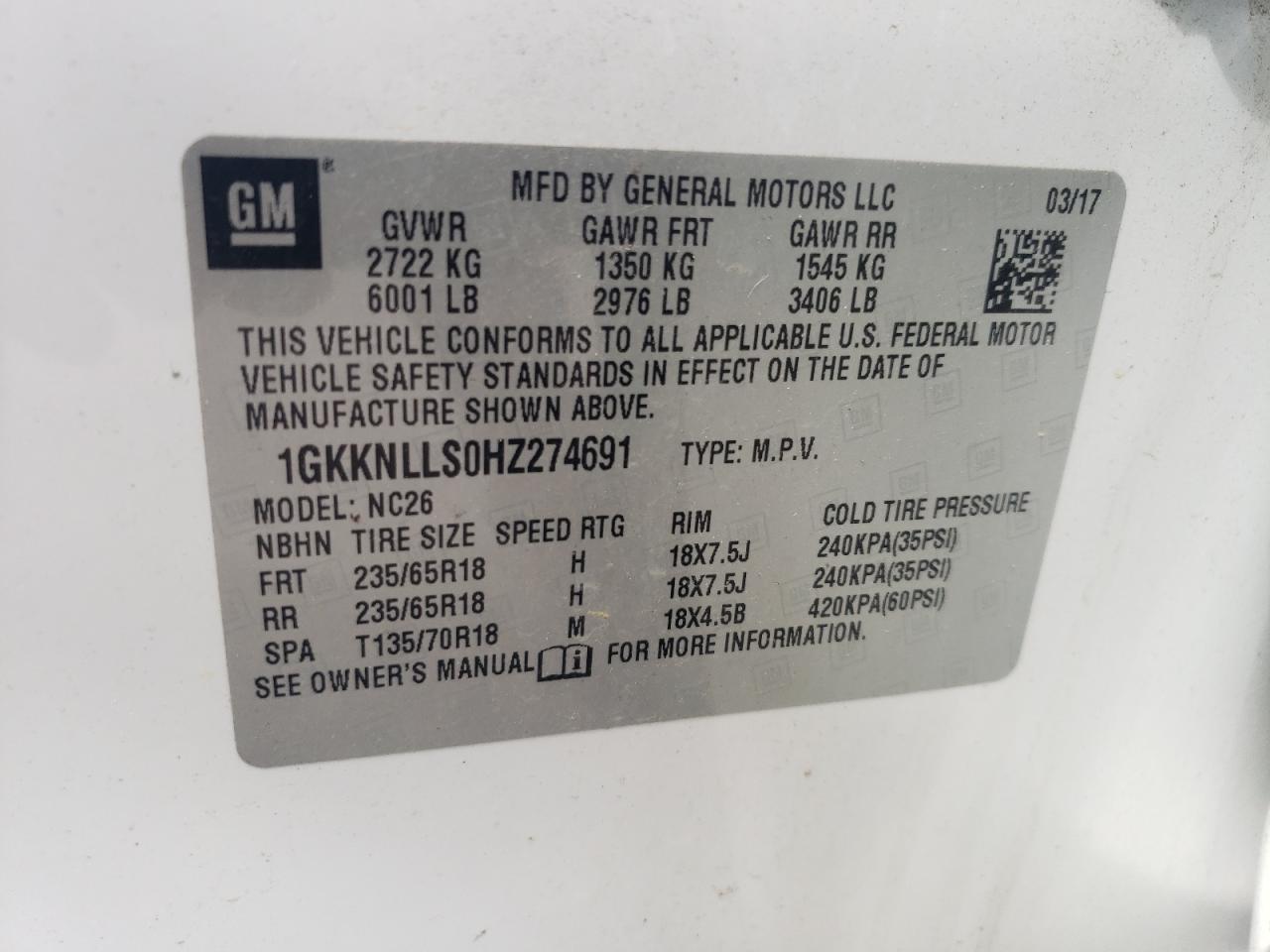 1GKKNLLS0HZ274691 2017 GMC Acadia Sle