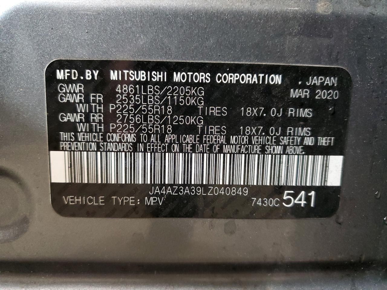 2020 Mitsubishi Outlander Se VIN: JA4AZ3A39LZ040849 Lot: 78161084