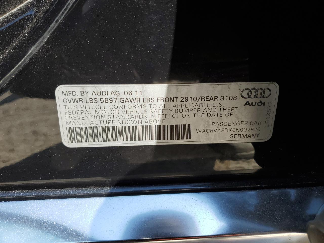 2012 Audi A8 L Quattro VIN: WAURVAFDXCN002920 Lot: 74037134