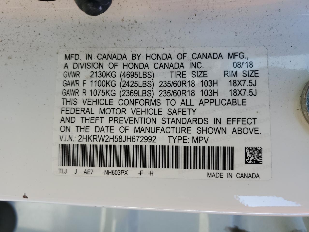 2HKRW2H58JH672992 2018 Honda Cr-V Ex