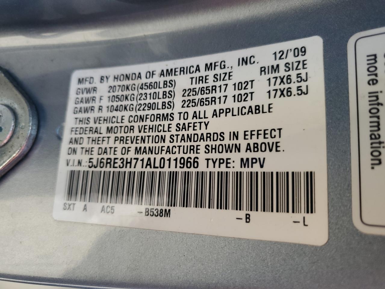 5J6RE3H71AL011966 2010 Honda Cr-V Exl