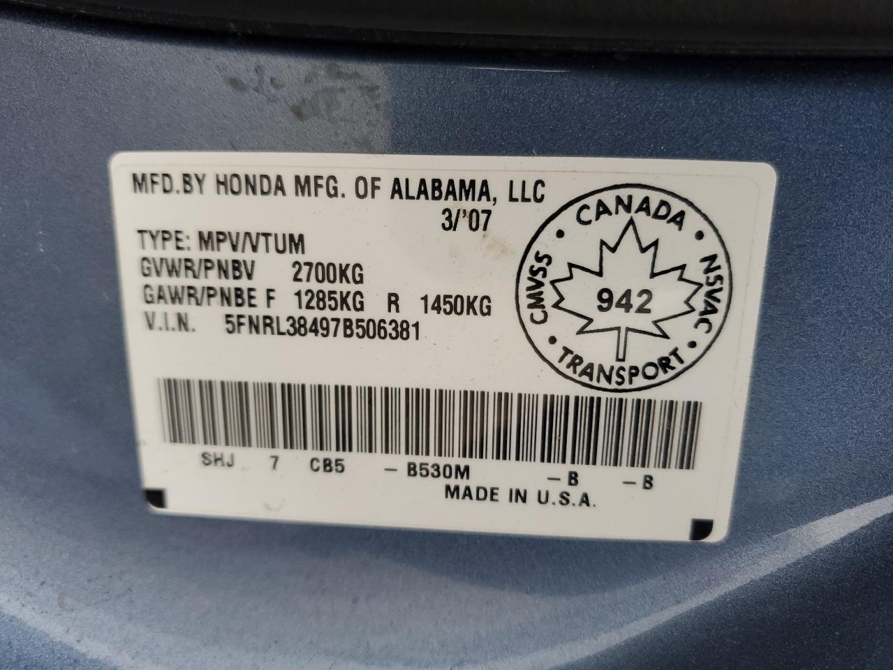 2007 Honda Odyssey Ex VIN: 5FNRL38497B506381 Lot: 73725204