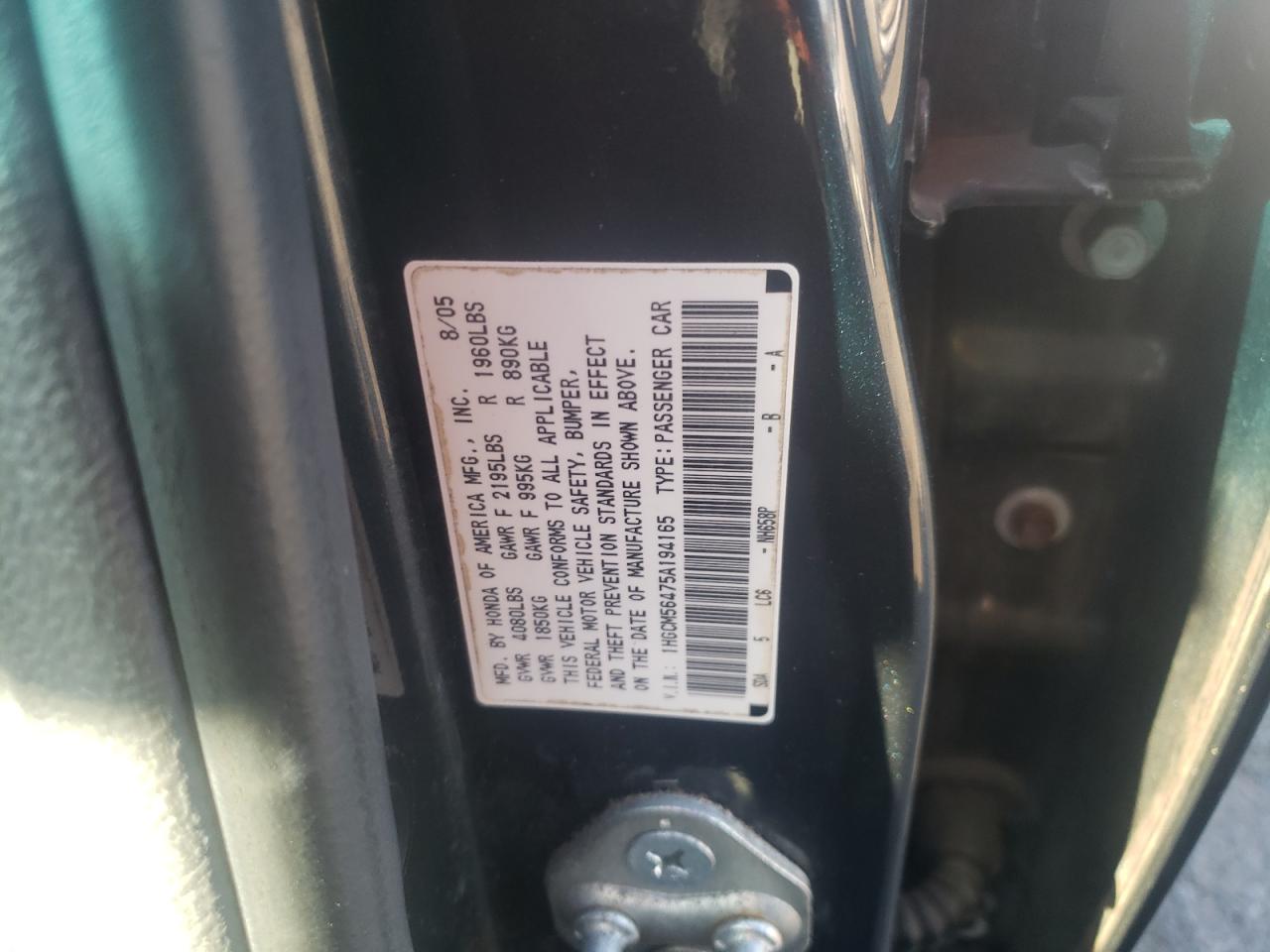 1HGCM56475A194165 2005 Honda Accord Lx