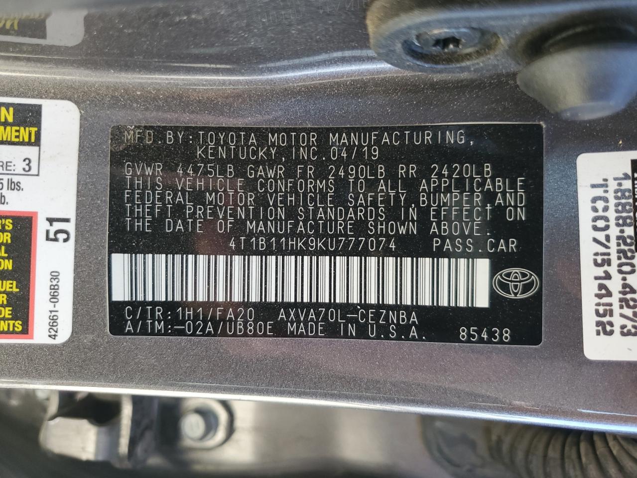 4T1B11HK9KU777074 2019 Toyota Camry L