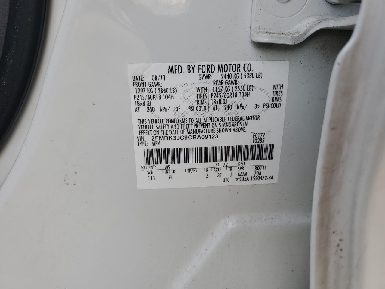 2012 Ford Edge Sel VIN: 2FMDK3JC9CBA09123 Lot: 75871824