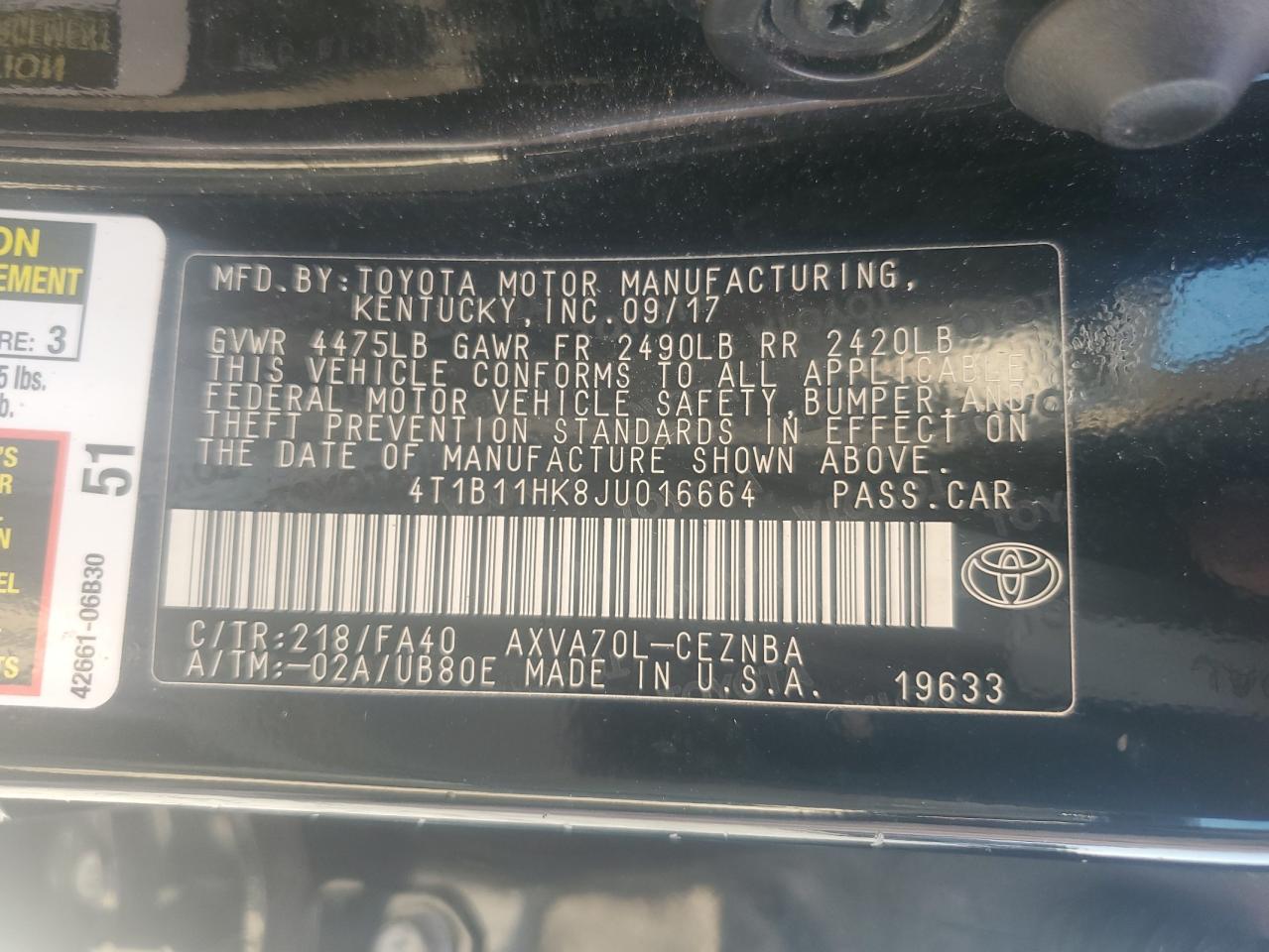 4T1B11HK8JU016664 2018 Toyota Camry L