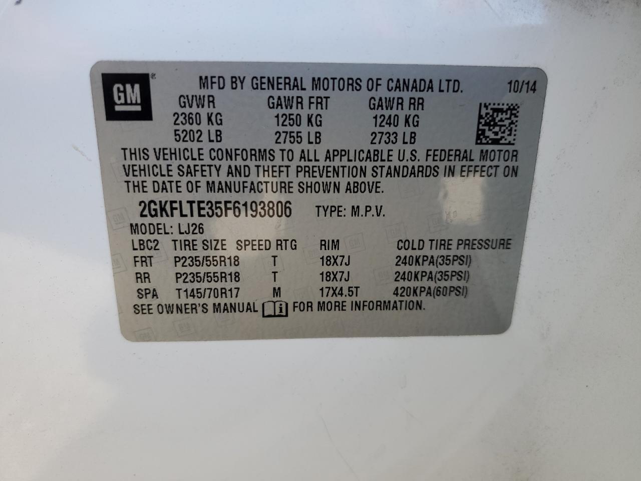 2GKFLTE35F6193806 2015 GMC Terrain Slt