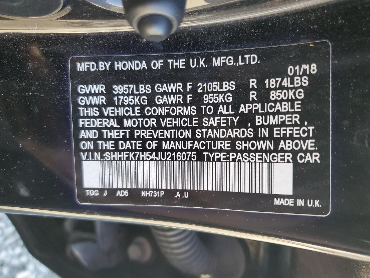 SHHFK7H54JU216075 2018 Honda Civic Ex