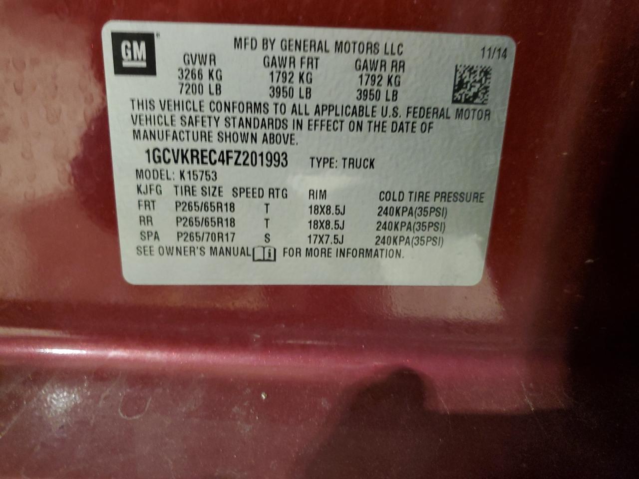 2015 Chevrolet Silverado K1500 Lt VIN: 1GCVKREC4FZ201993 Lot: 75916424